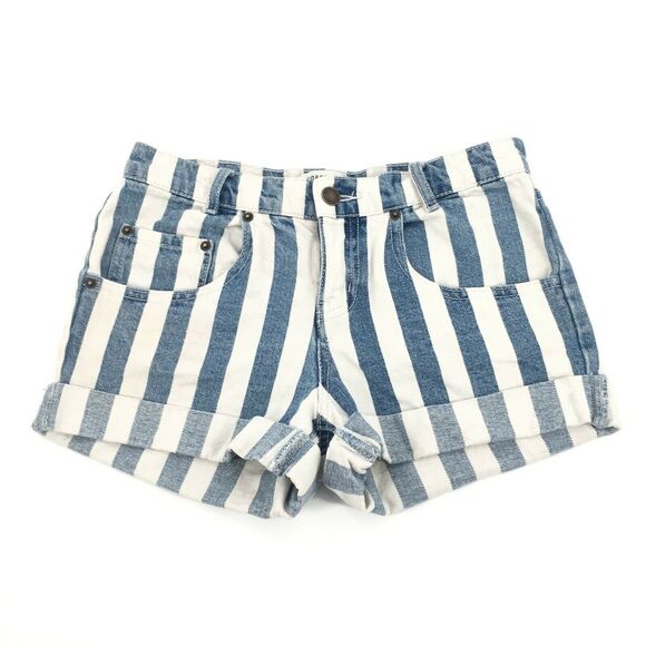 Forever 21 Vertical Striped Denim Rolled Cuffed Shorts Size 25 Blue White XS - Picture 1 of 7